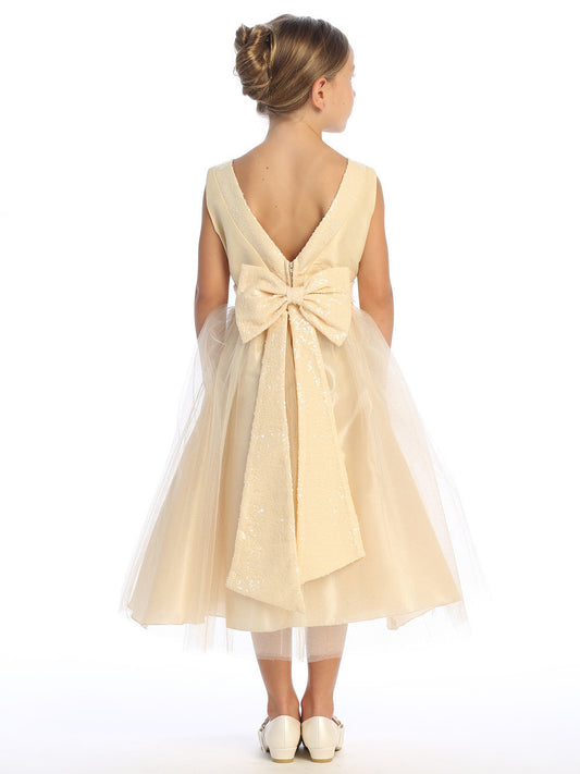 Champagne Shantung and Sparkle Tulle Dress with Sequin Sash - BL255-CHAM