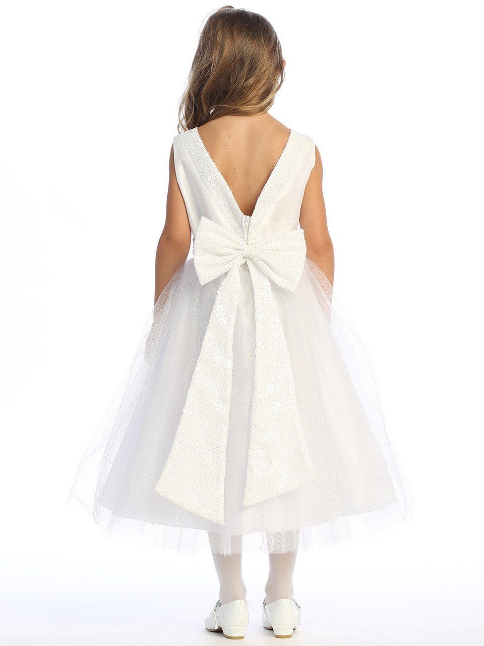 White Shantung and Sparkle Tulle Dress with Sequin Sash - BL255-WHT
