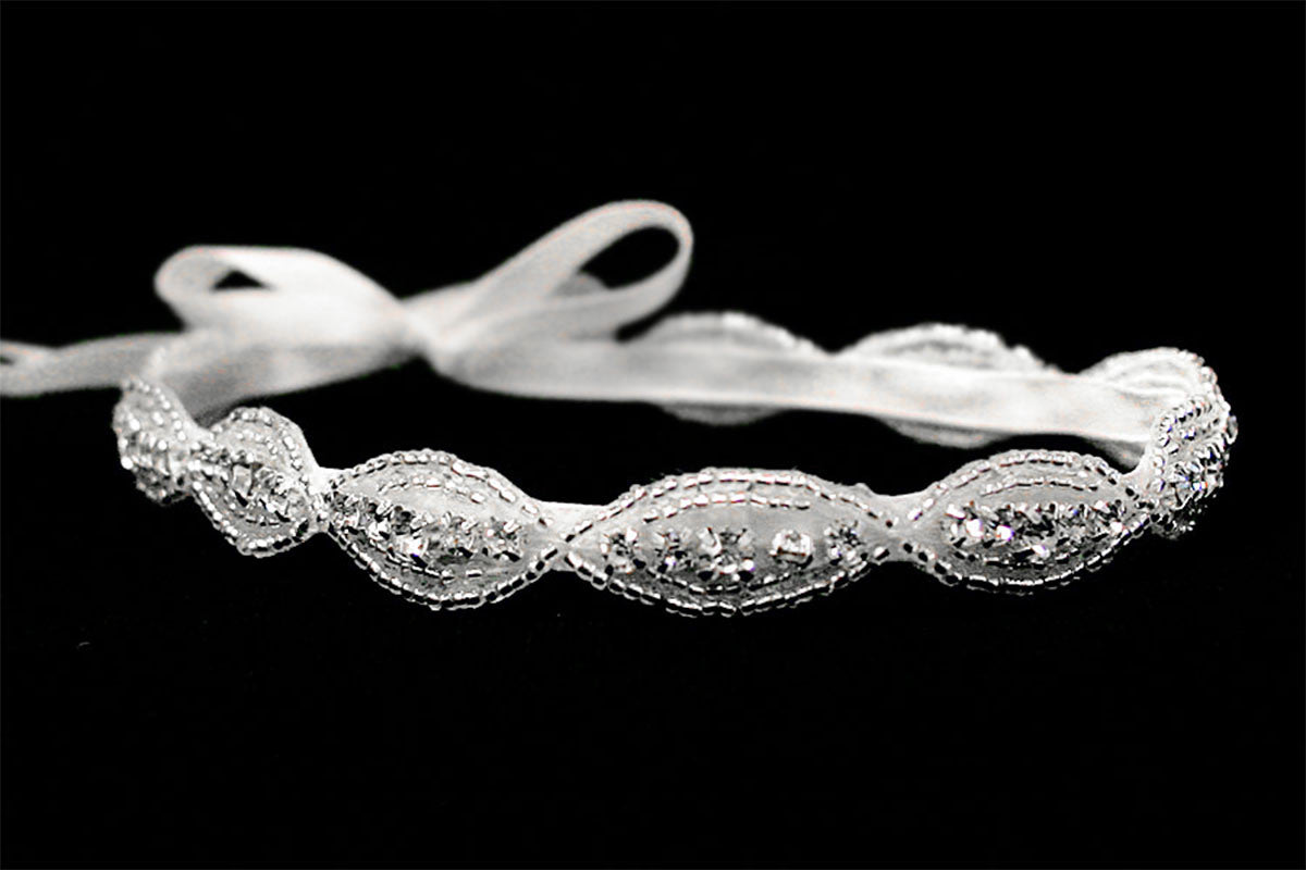 White Rhinestone Ribbon Headband - BT0010