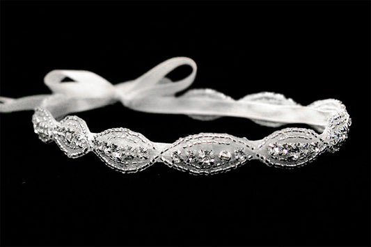 White Rhinestone Ribbon Headband - BT0010