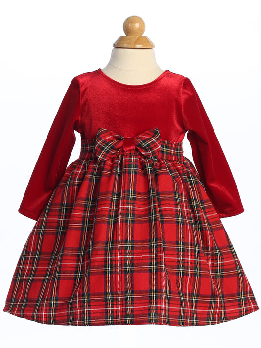 Stretch Velvet & Red Plaid Long Sleeve Holiday Dress - C503