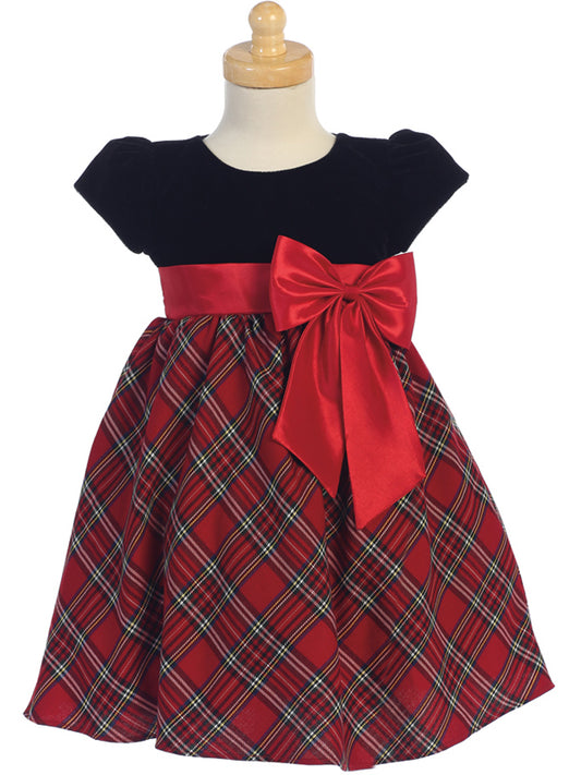 Velvet and Red Plaid Holiday Dress with Red Satin Bow - C510R