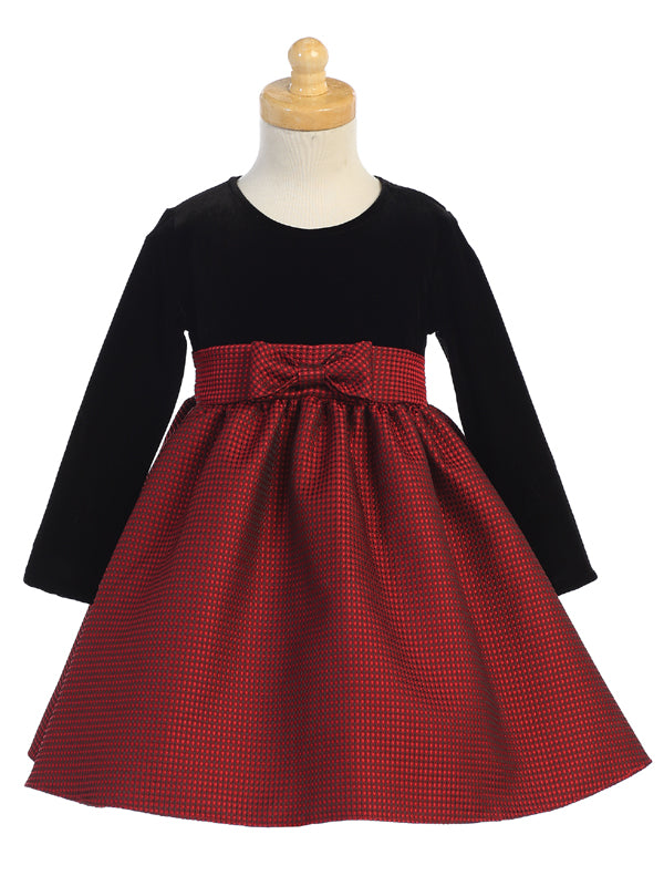 Red Jacquard and Black Velvet Holiday Dress  C525