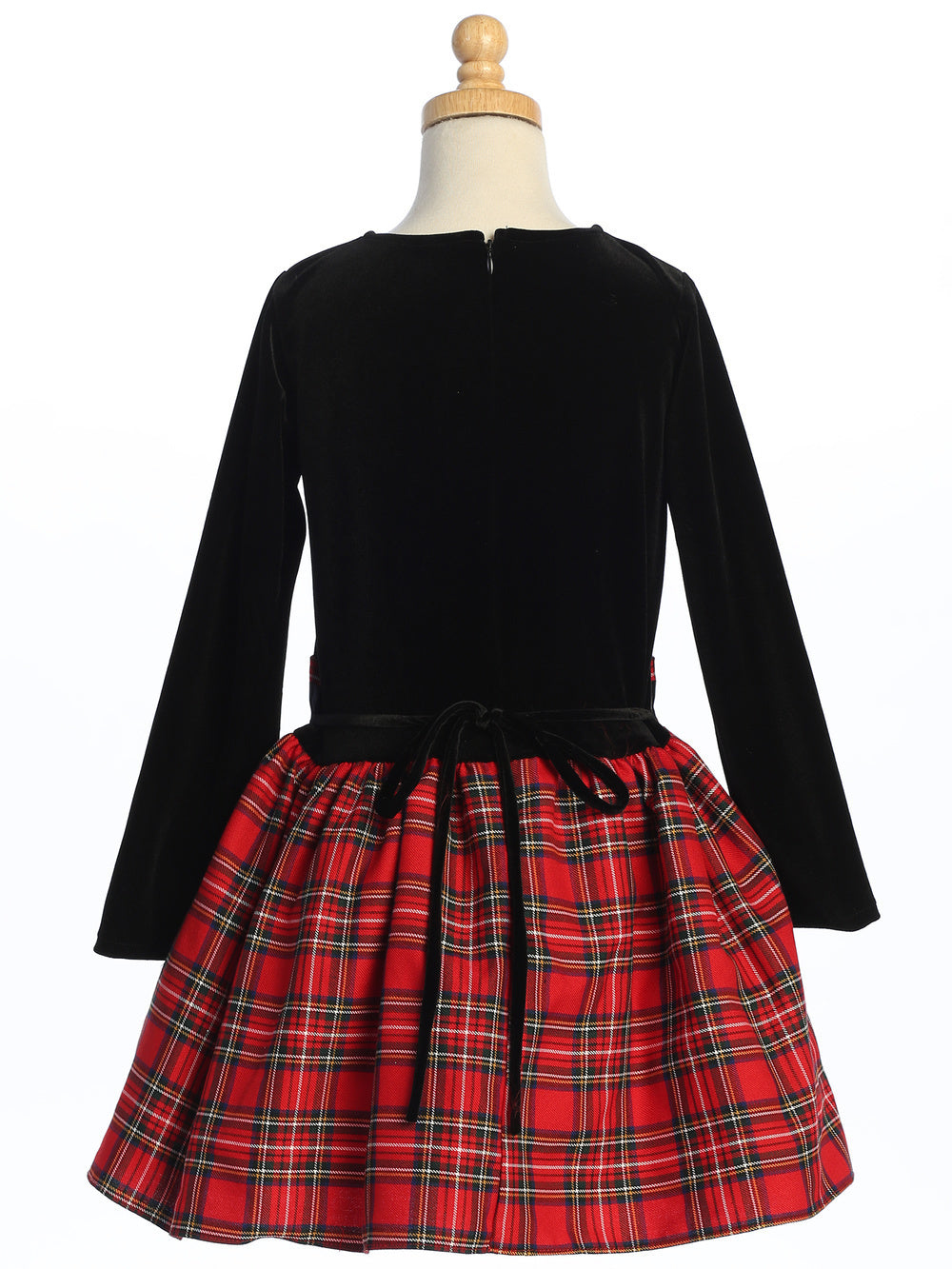 Girls Black Velvet Holiday Dress with Red and Black Plaid Skirt