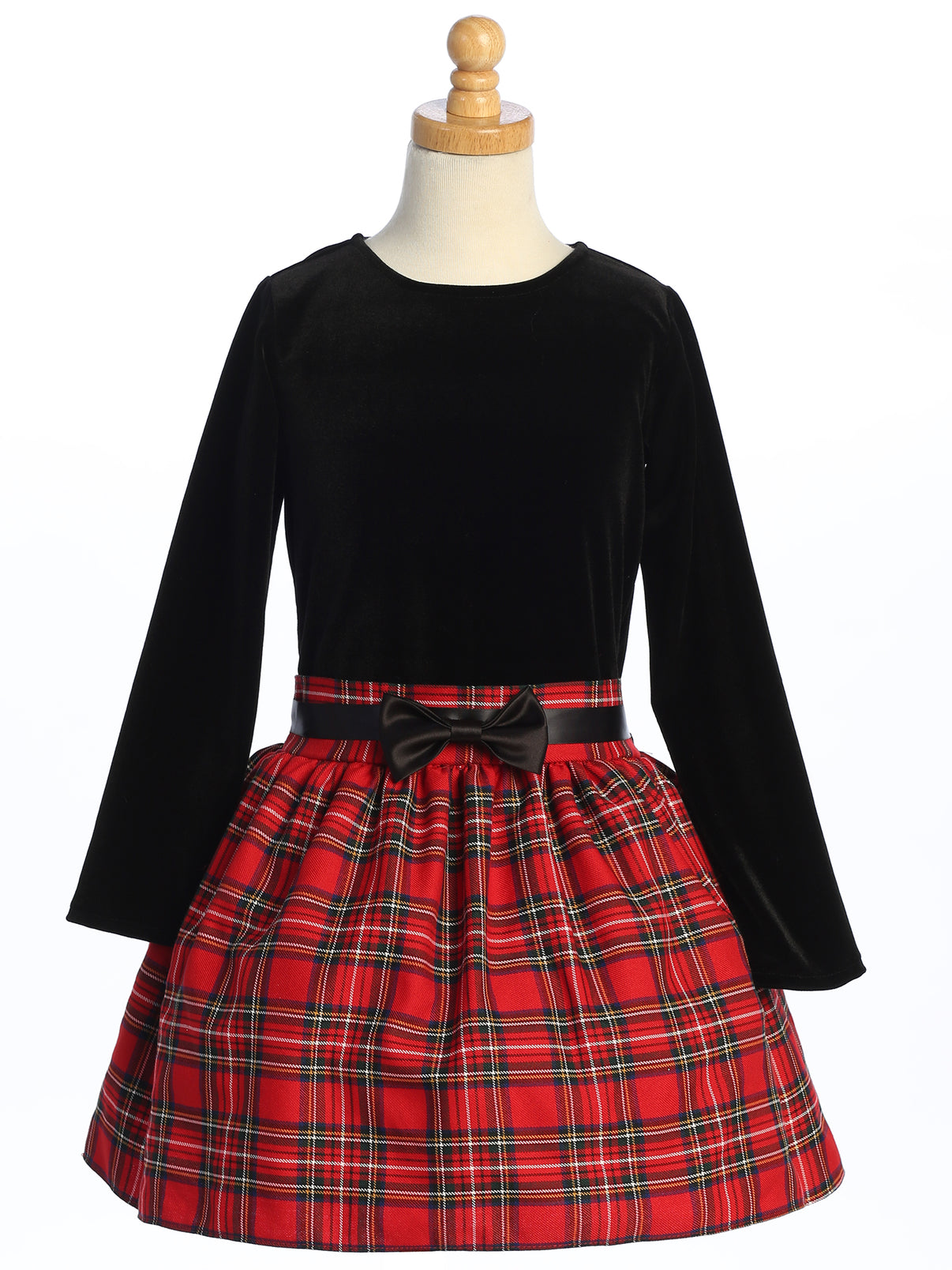 Girls Black Velvet Holiday Dress with Red and Black Plaid Skirt