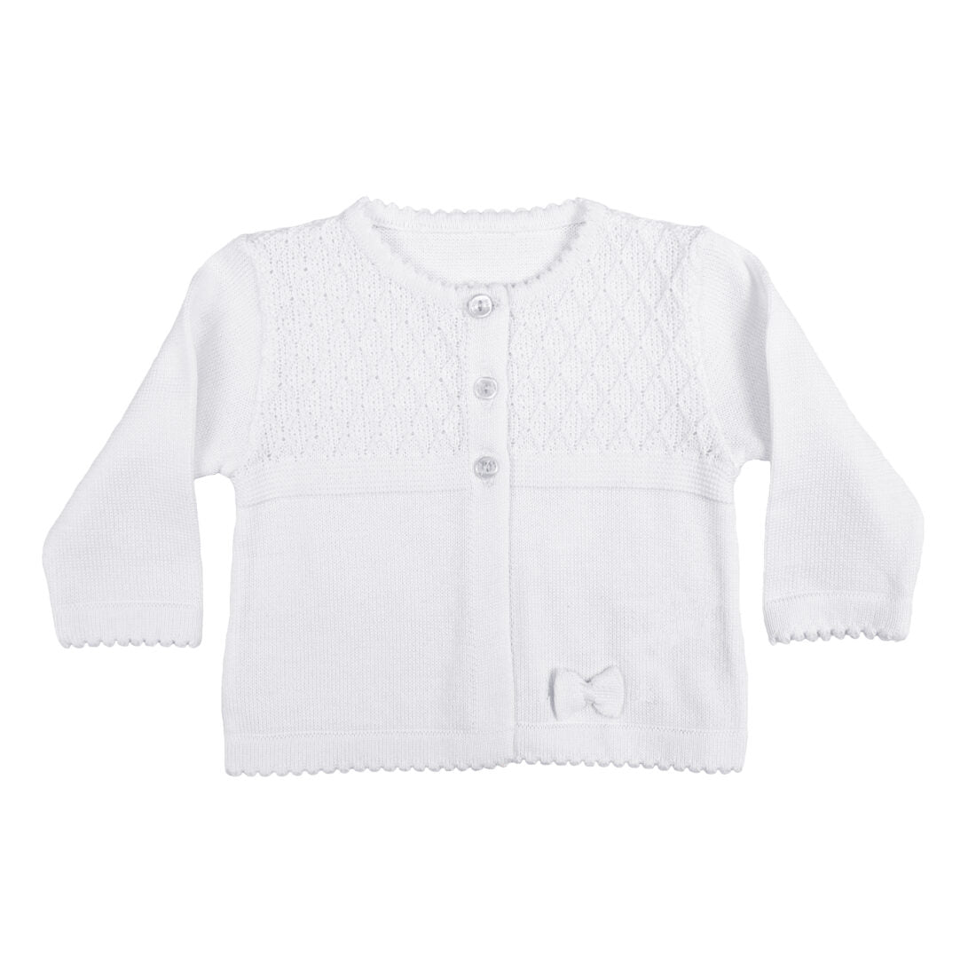 Girls White 100% Cotton Sweater with Diamond Knit Bodice and Rosebud Trim - LTMAL-CKGRLS2