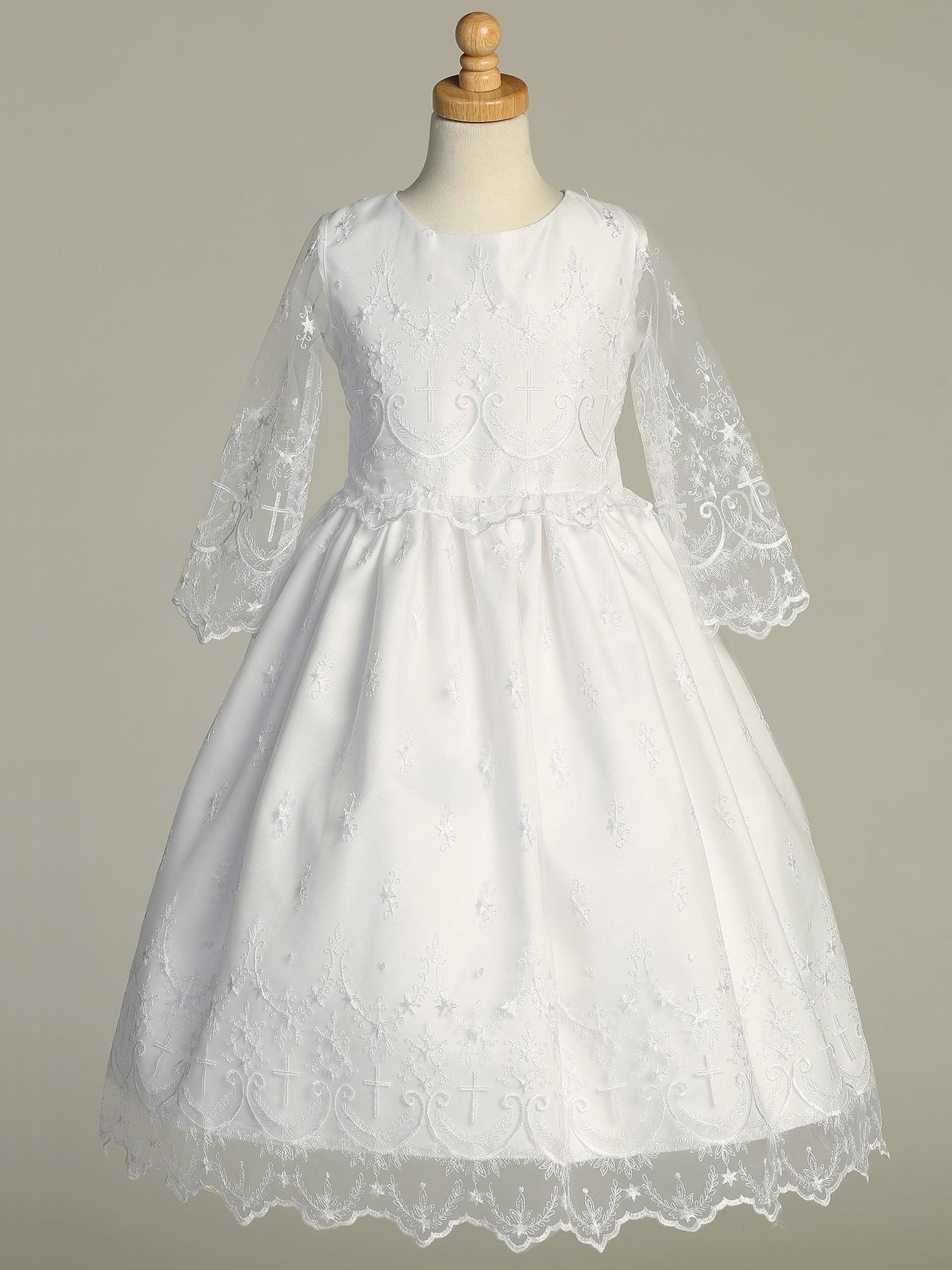 Long Sleeve First Communion Dress with Embroidered Tulle and Cross Designs - SP211