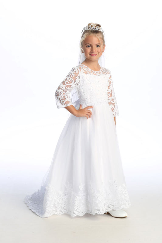Full Length Embroidered Tulle First Communion Dress with Short Train - SP732