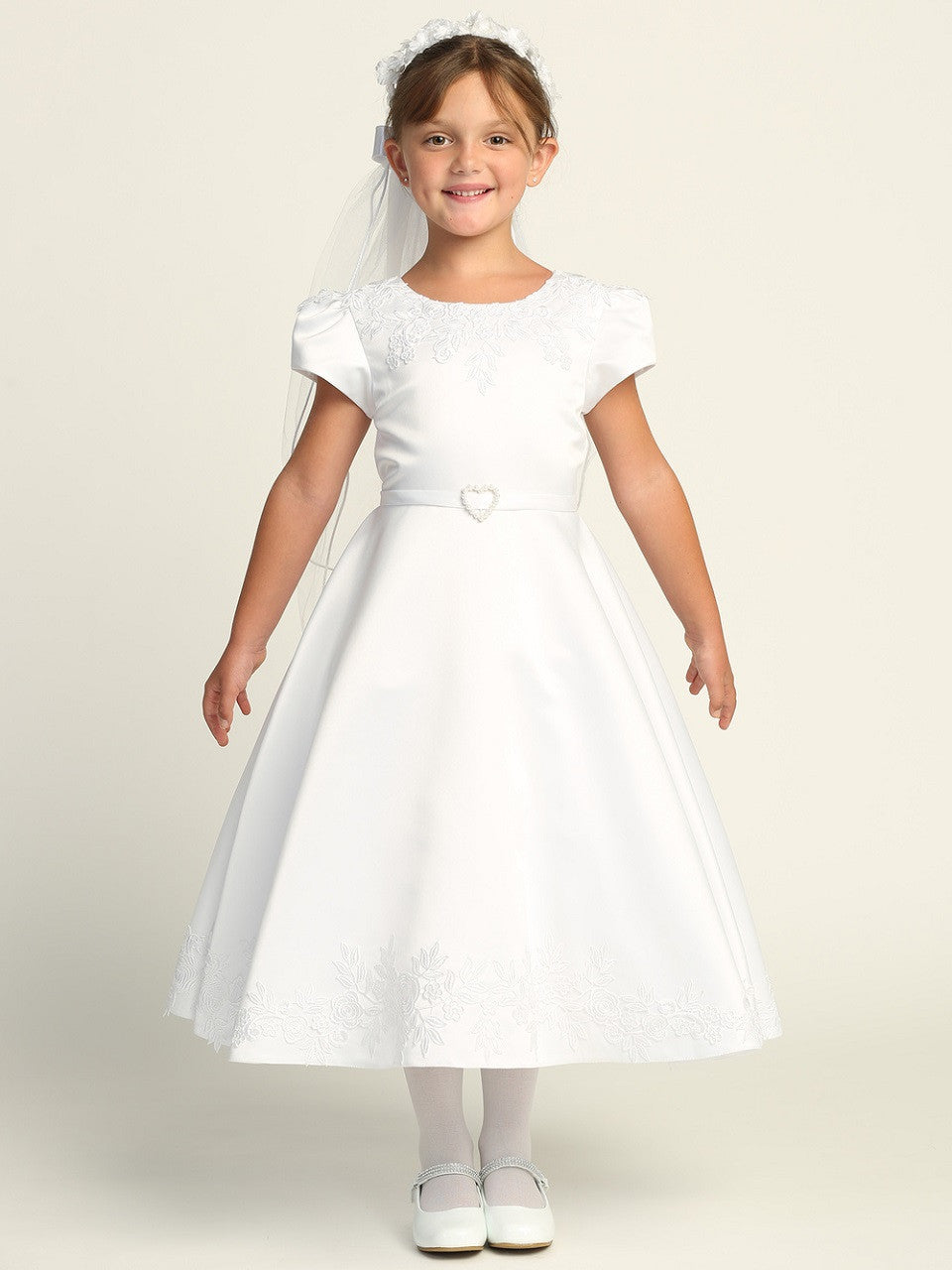 Satin First Communion Dress with Embroidered Lace Trim - SP736