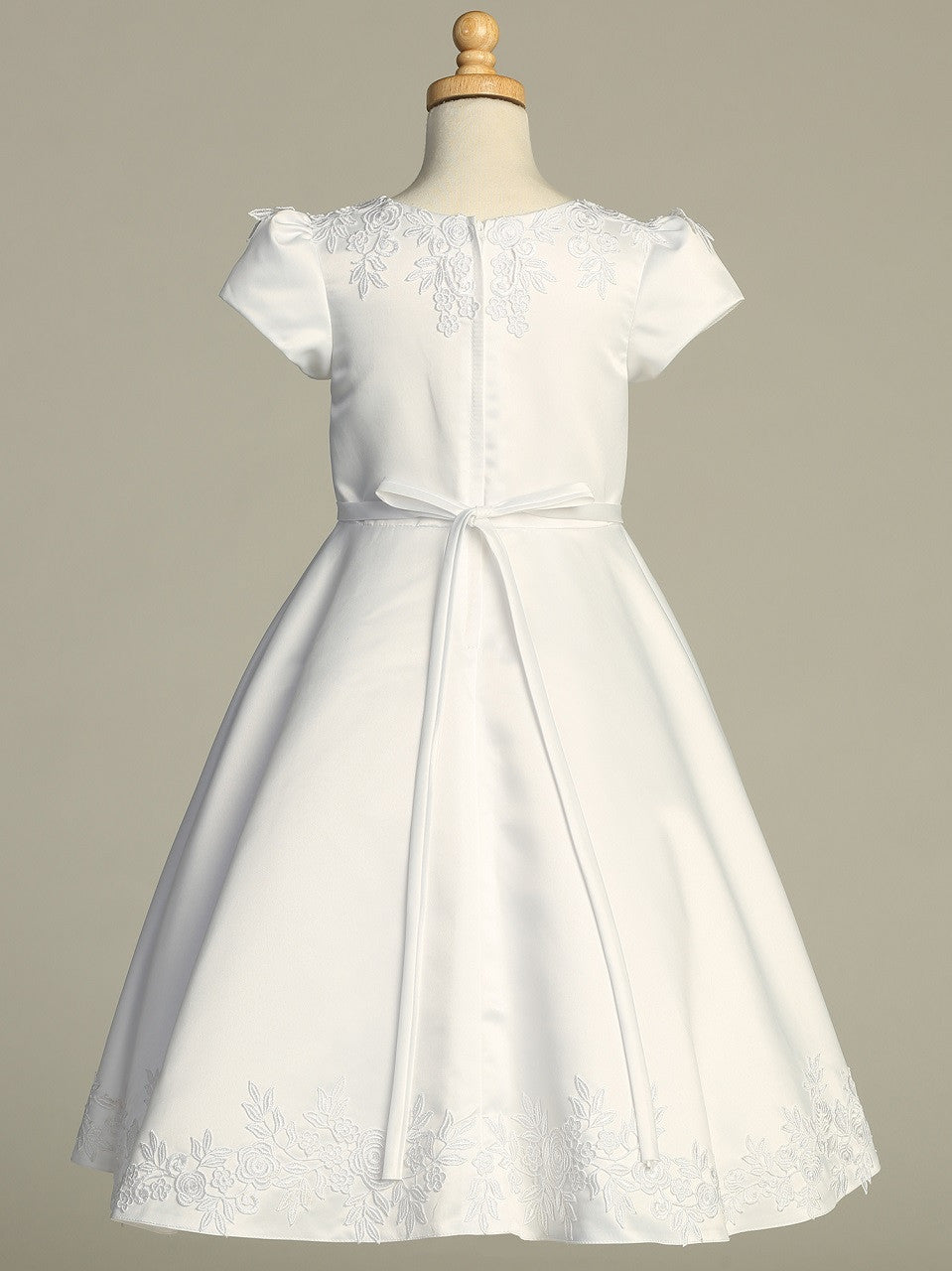 Satin First Communion Dress with Embroidered Lace Trim - SP736