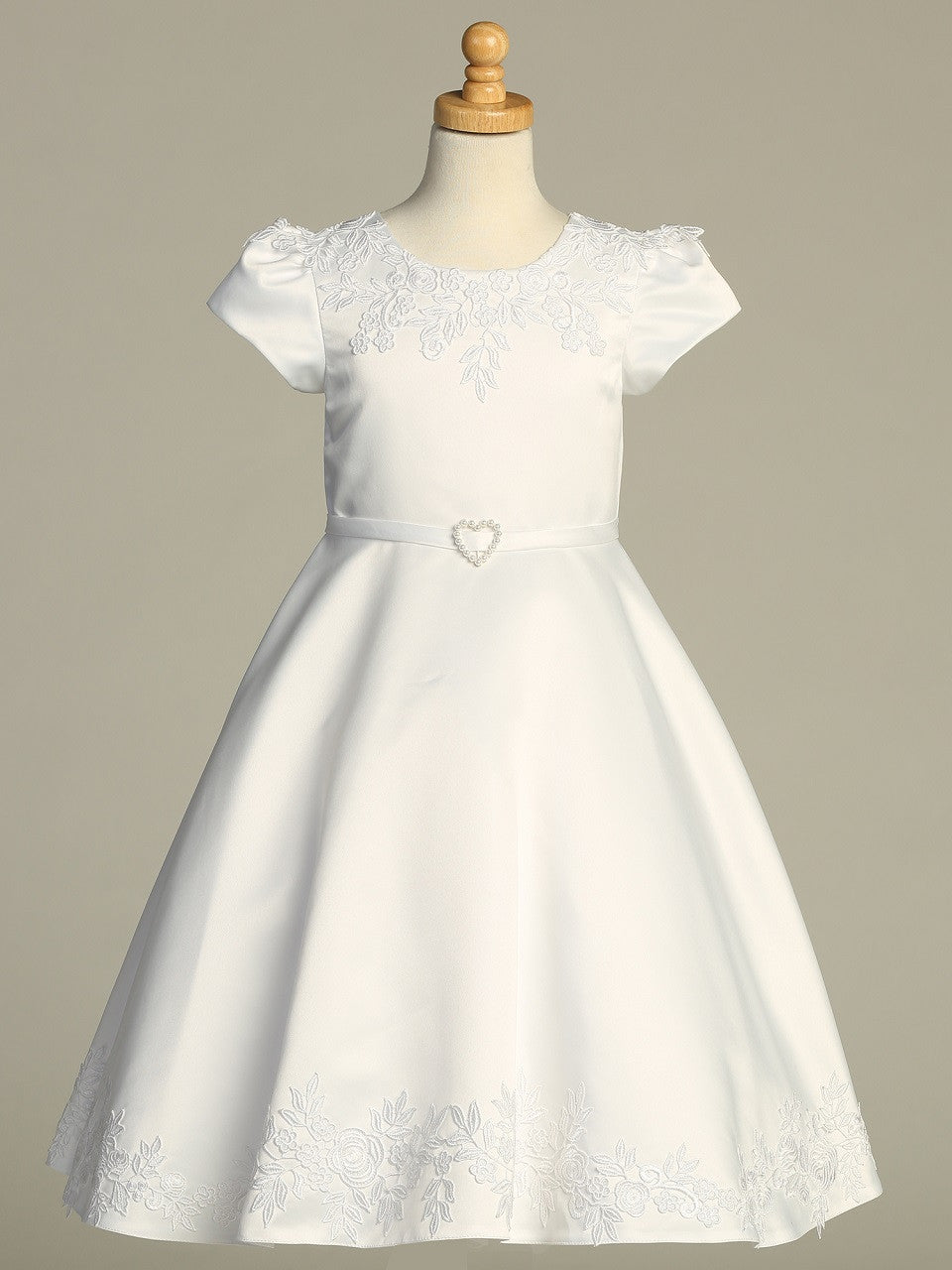 Satin First Communion Dress with Embroidered Lace Trim - SP736