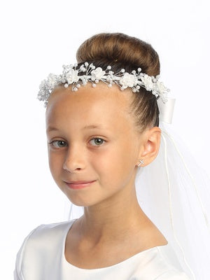 First Communion Veil with Satin Flowers and Beads T-20