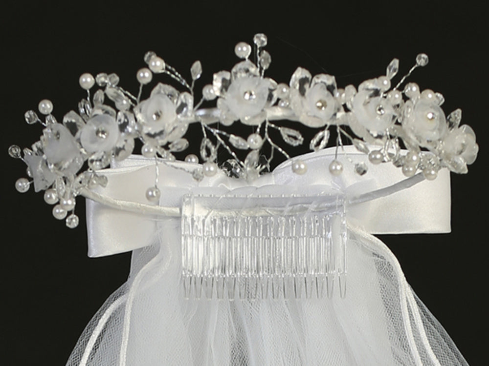 White Veil with Crystal and Organza Flowers - Lito T-28