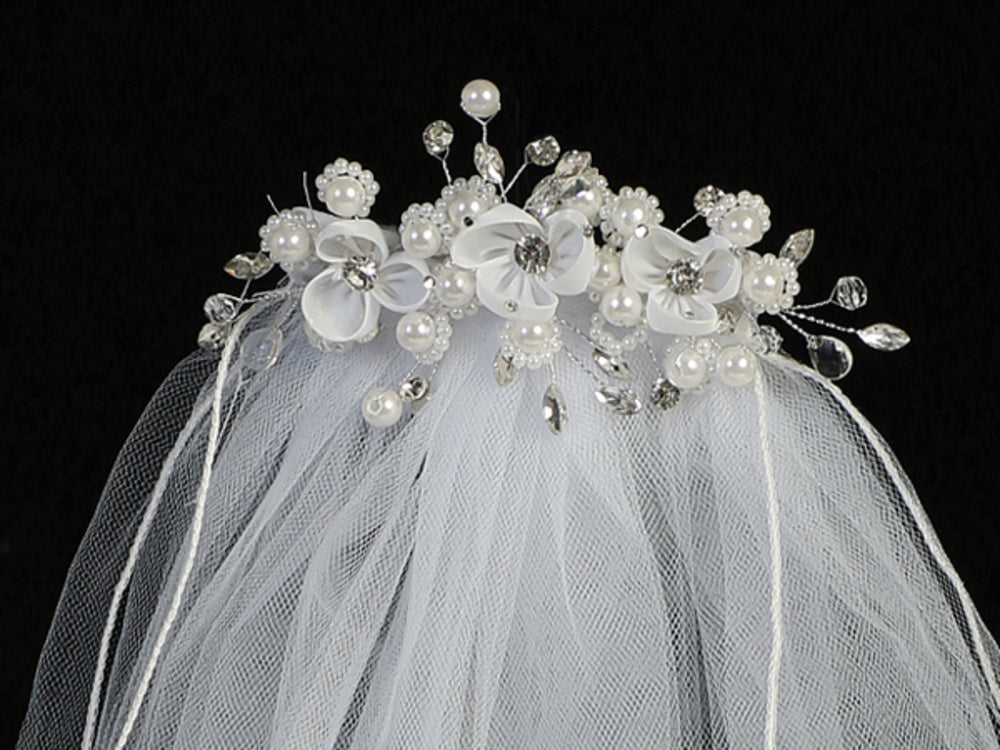 Organza Flower and Pearl First Communion Comb with Veil - T-300