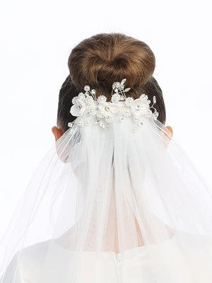 Organza Flower and Pearl First Communion Comb with Veil - T-300