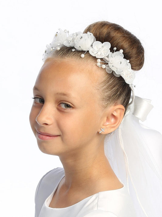 Organza Flower First Communion Headpiece with Rhinestone & Pearls  T-441
