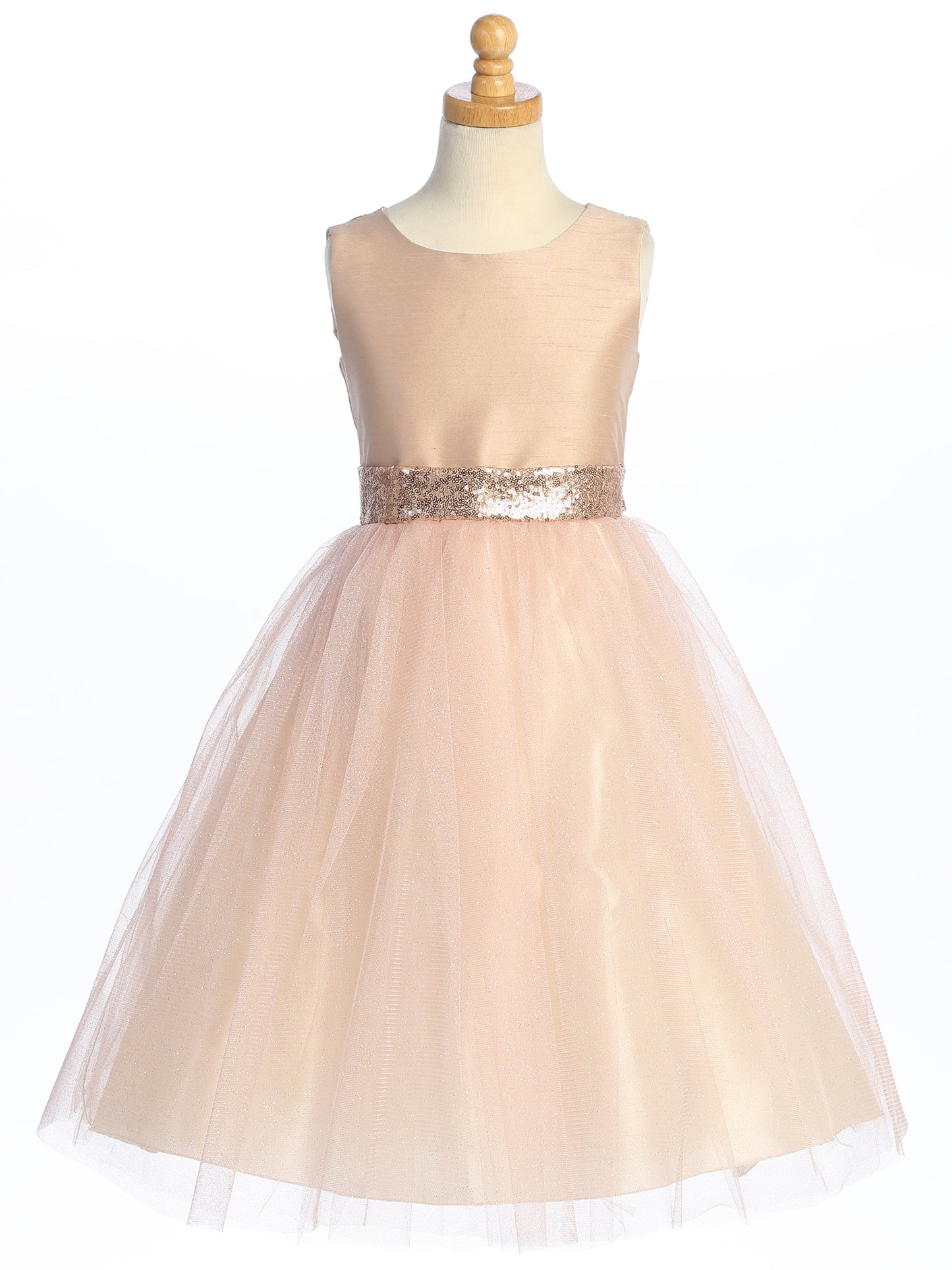 Blush Pink Shantung and Sparkle Tulle Dress with Sequin Sash - BL255-BLSH