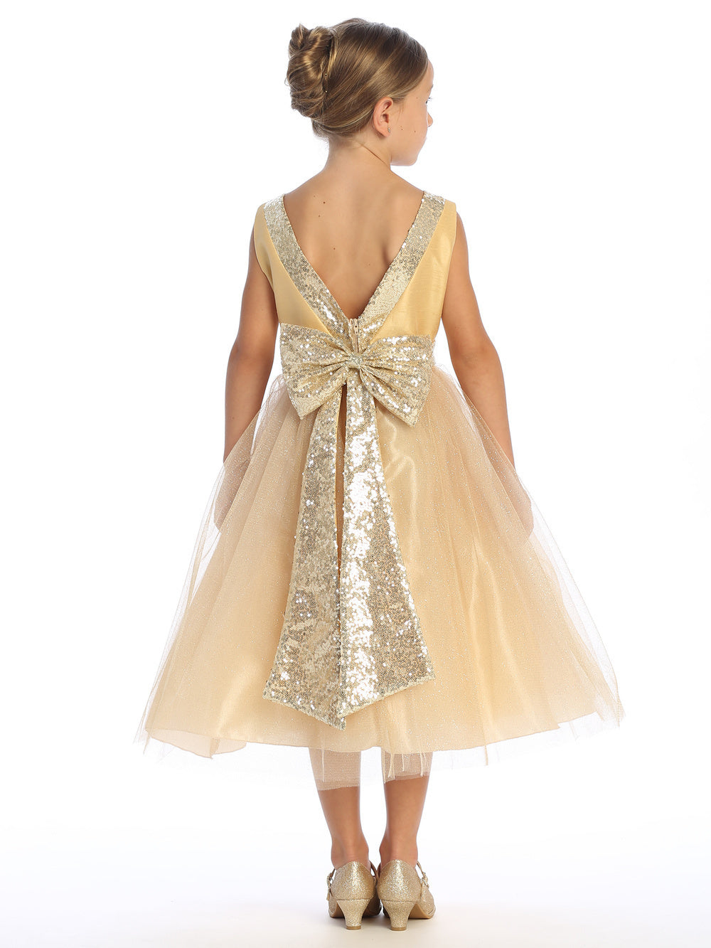 Gold Shantung and Sparkle Tulle Dress with Sequin Sash - BL255-GOLD