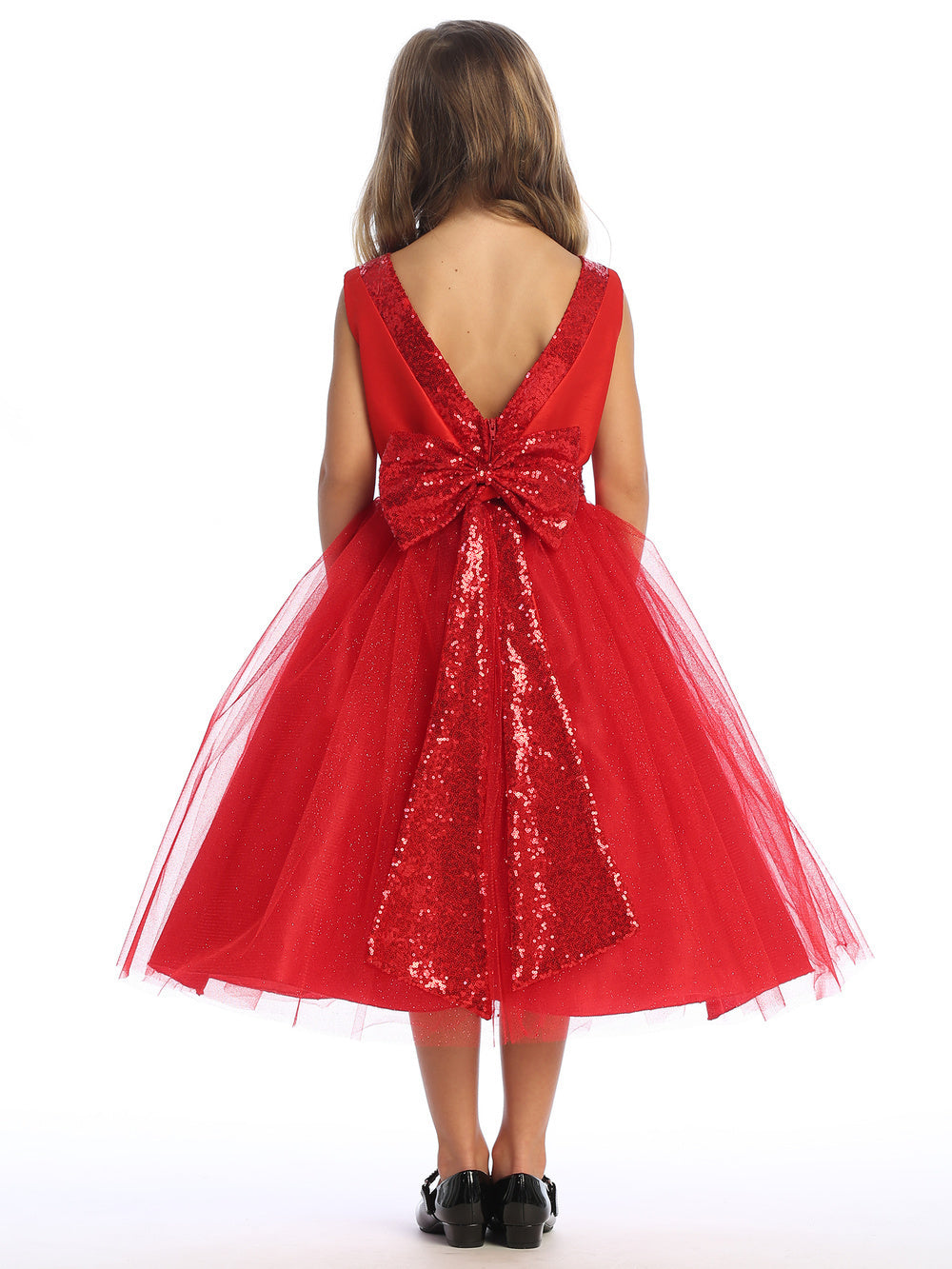 Red Shantung and Sparkle Tulle Dress with Sequin Sash - BL255-RED