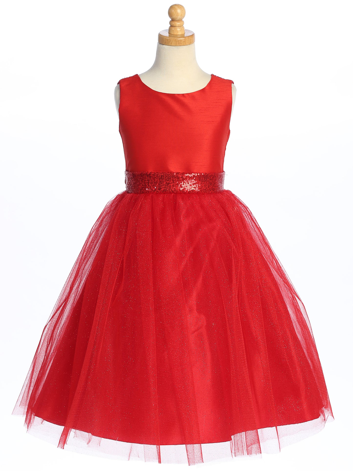 Red Shantung and Sparkle Tulle Dress with Sequin Sash - BL255-RED