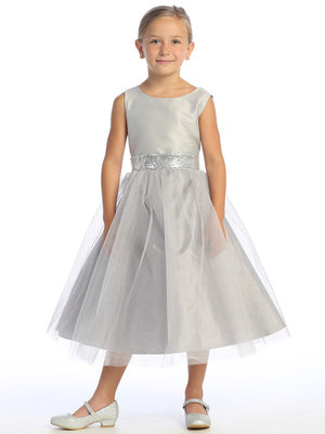 Silver Shantung and Sparkle Tulle Dress with Sequin Sash - BL255-SLVR