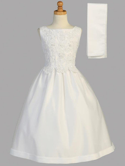 Beaded Satin First Communion Dress with Tulle Skirt - SP917