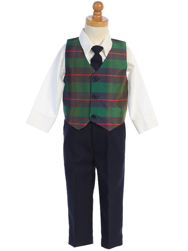 Boys Green Plaid Vest and Pants Holiday Set - C569-G