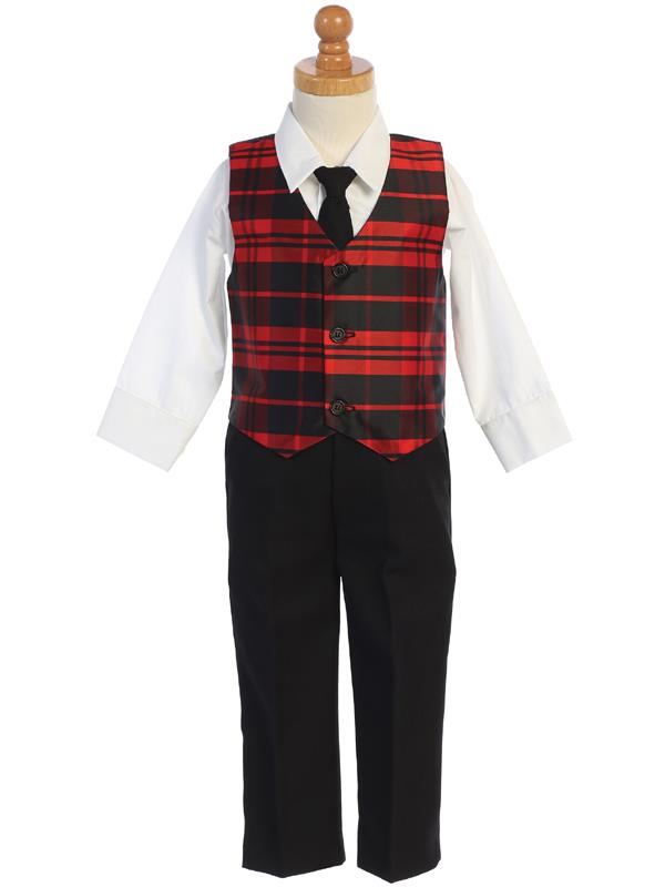 Boys Red Plaid Vest and Pants Holiday Set - C569-R
