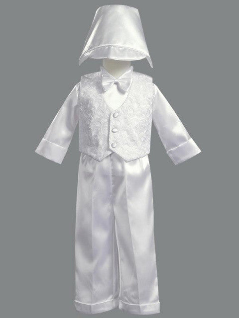 Boy's White Satin 5 Piece Embroidered Vest & Pants Set