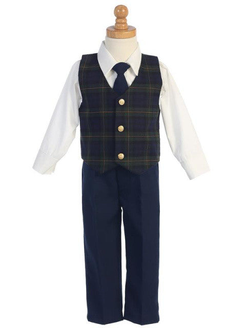 Boys Green Plaid Vest 4-Piece Holiday Set