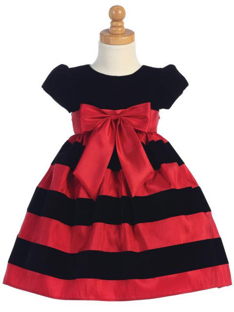 Girls Black Velvet and Flocked Red Taffeta Holiday Dress