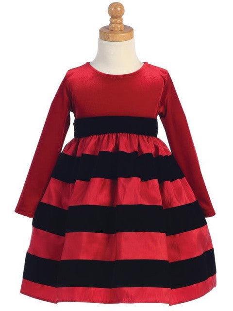 Girls Black Stretch Velvet with Flocked Red Taffeta Holiday Dress