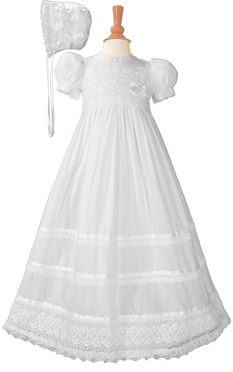 Girls Cotton Short Sleeve Dress Christening Baptism Gown with Lace and Ribbon  LTML-CA25GS