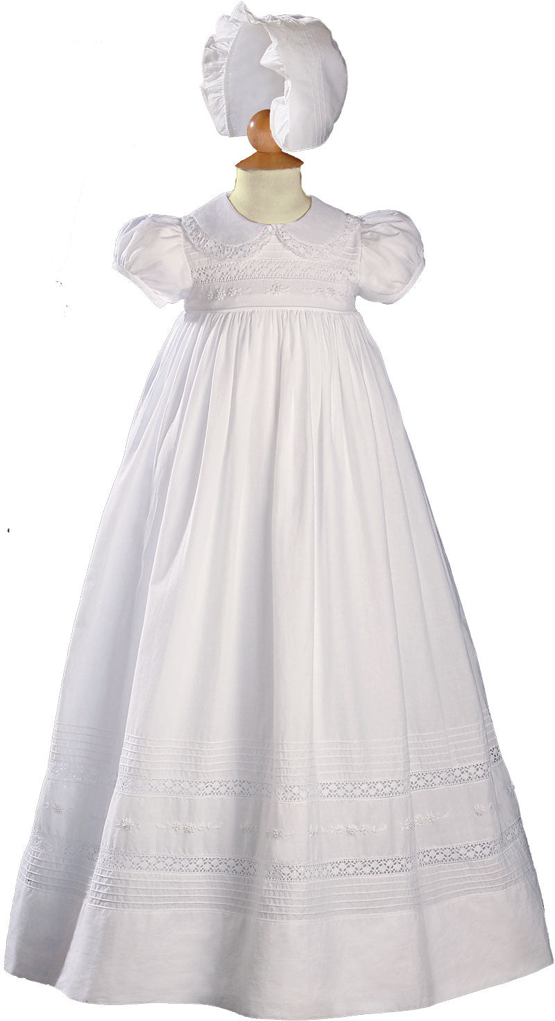 Girls 33 inch White Cotton Short Sleeve Christening Baptism Gown with Floral Hand Embroidery  LTML-CA55GS