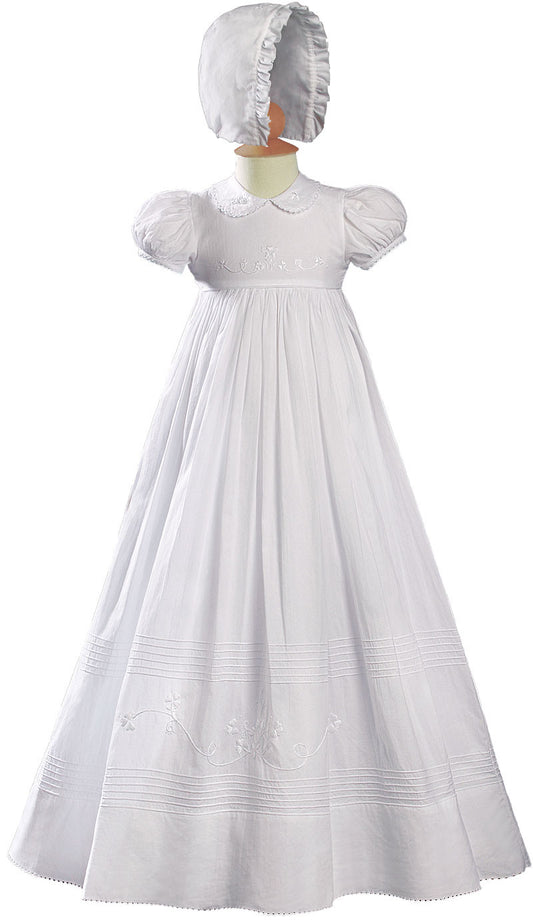 Girls 32 inch White Cotton Short Sleeve Christening Baptism Gown with Floral Shamrock Embroidery  LTML-CASHGS