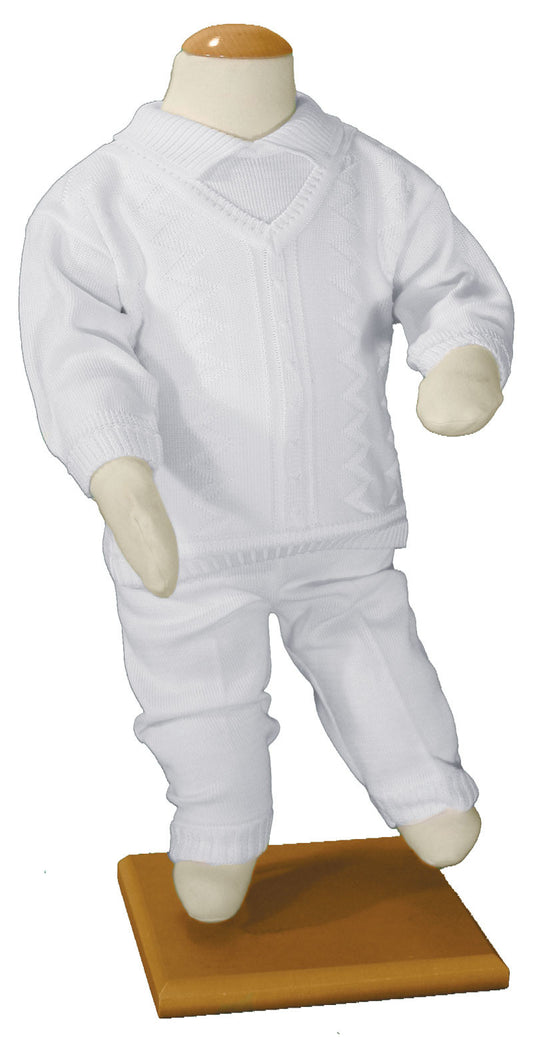 Boys 100% Cotton Knit Two Piece White Christening Baptism Outfit  LTML-CKNIT2