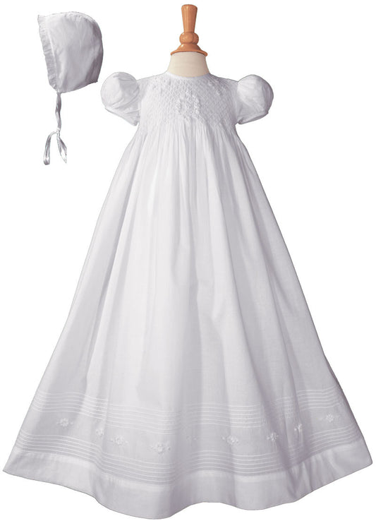 Girls 32 inch Cotton Hand Smocked Christening Gown Baptism Dress with Hand Embroidery  LTML-CO04GS