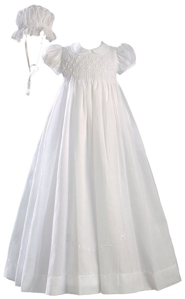 Girls White 32 inch Hand Smocked Polycotton Batiste Christening Baptism Gown  LTML-CO06GS