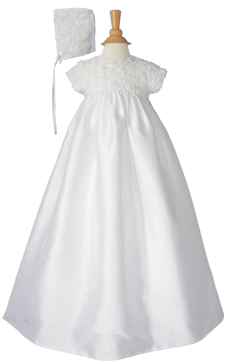 Girls 32 inch Cotton Sateen Christening Gown with Rosette Covered Bodice  LTML-CS56GS