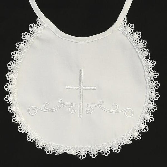 Embroidered Cotton Christening Bib with Lace Trim BB-2