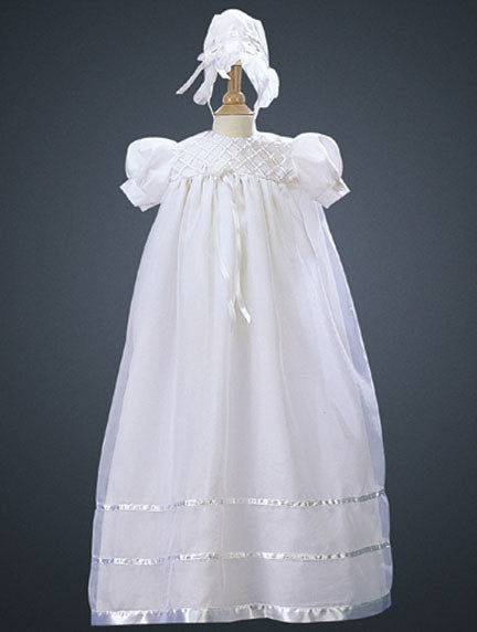Embroidered Organza Baptismal Gown with Satin Trim