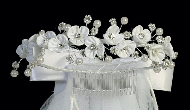 First Communion Veil with Satin Flowers, Rhinestones and Pearls - T-451