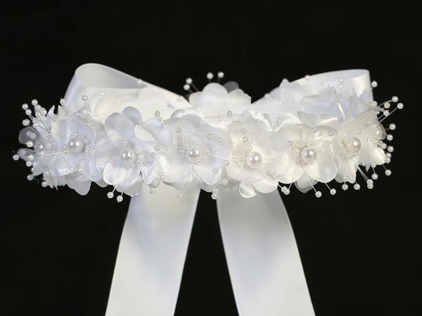Flower & Pearl Headpiece with Bow - T-3 - white