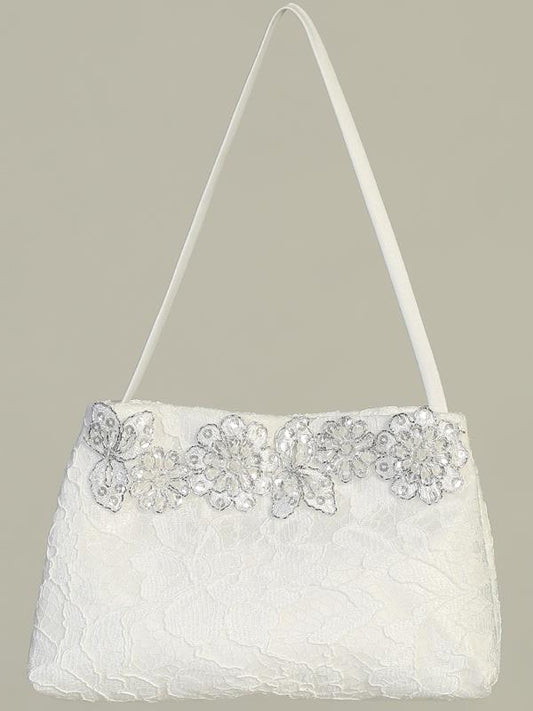 Girls White Lace Purse with Silver Flowers - LT-CP25 - front