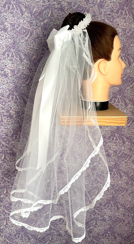 First Communion Double Layer Veil with Bun Wrap with Pearl Clusters