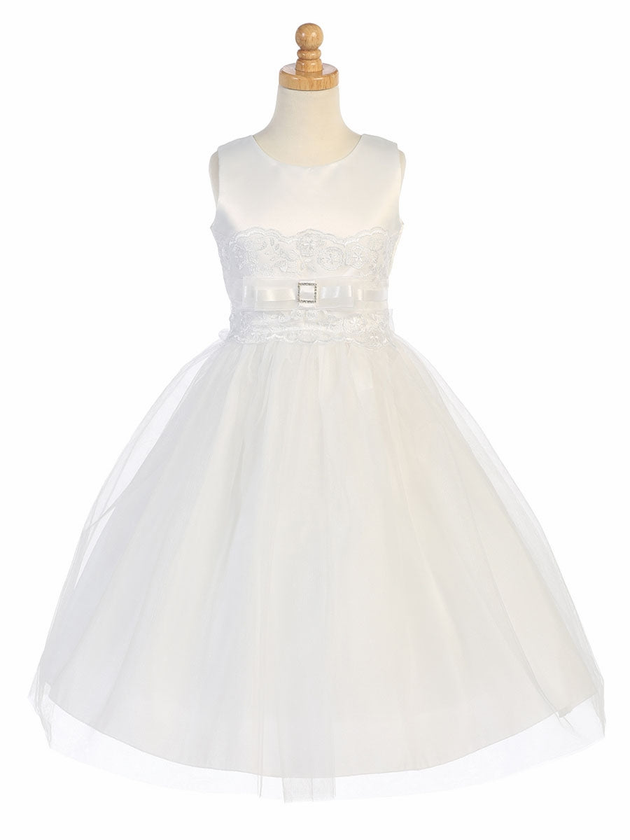Satin First Communion Dress with Embroidered Tulle Accent - SP140