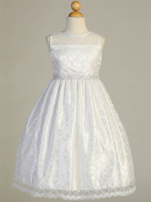 Lace First Communion Dress with Silver Corded Waist -SP161