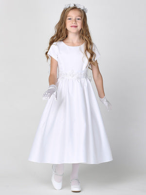 Satin First Communion Dress w/ Silver Corded Waist – SP185