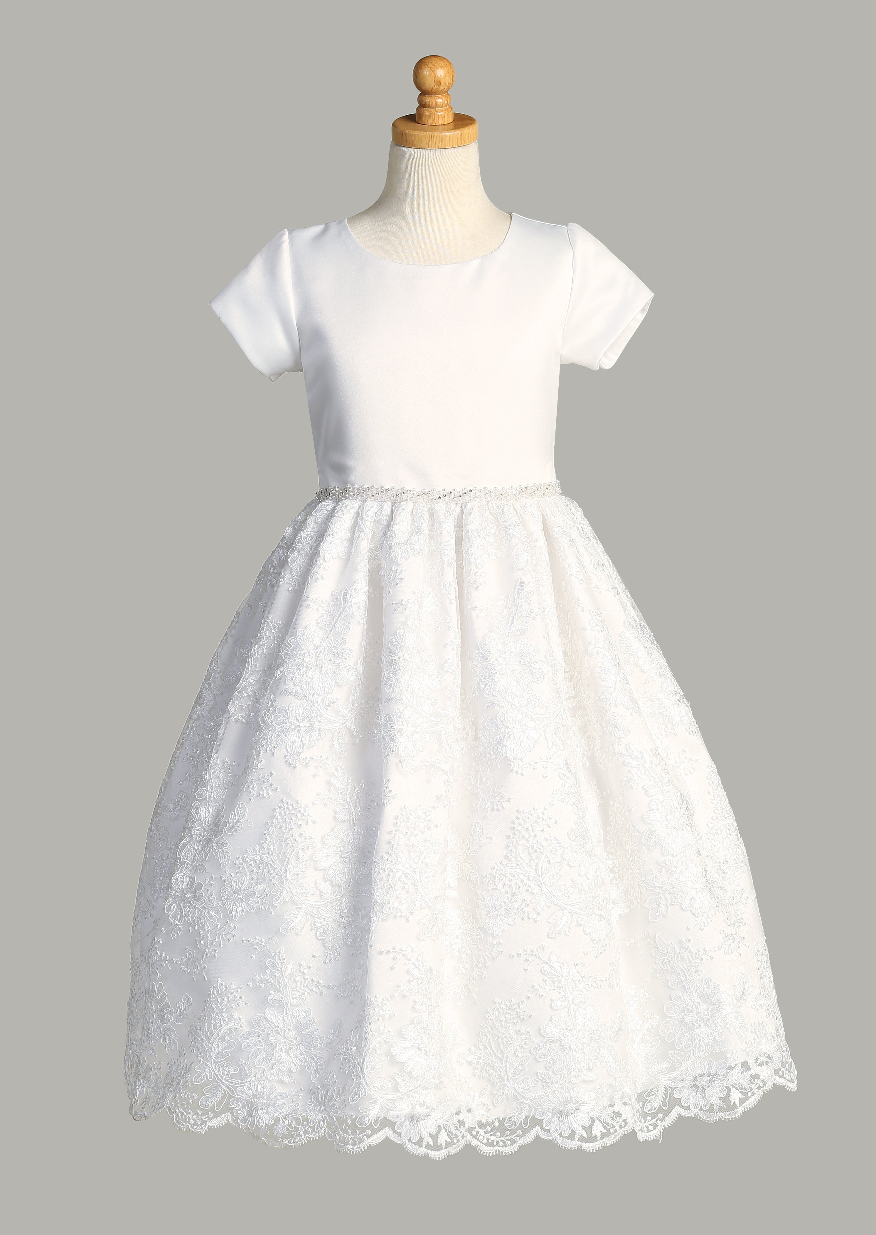 Satin and Corded Embroidered Tulle First Communion Dress with Sequins Mollys Hanger