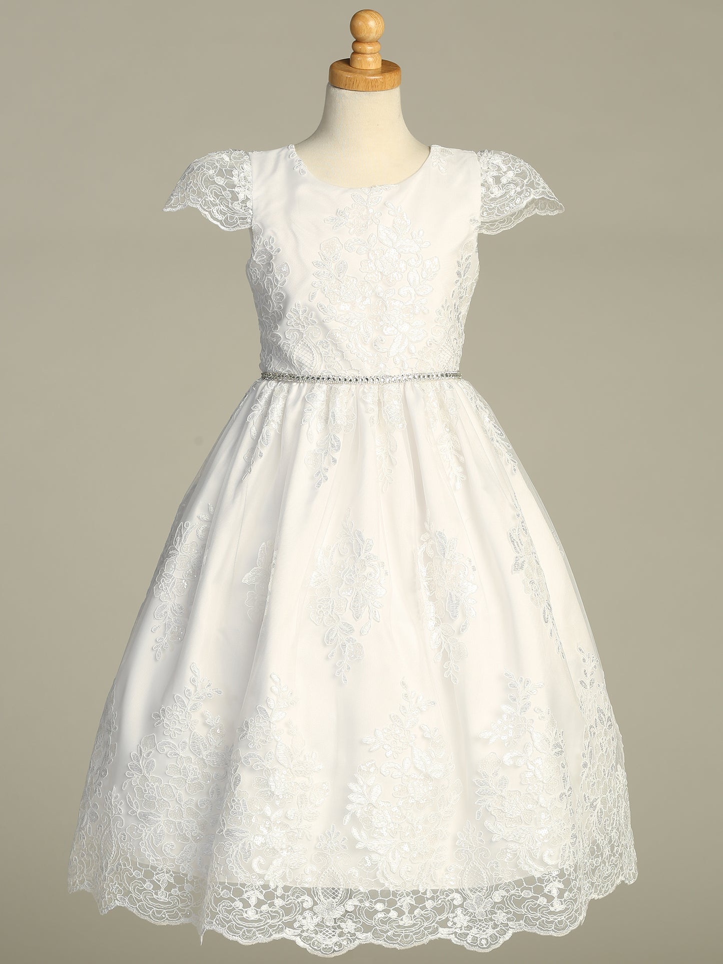 Corded Embroidered Tulle First Communion Dress with Rhinestone Waist - SP207